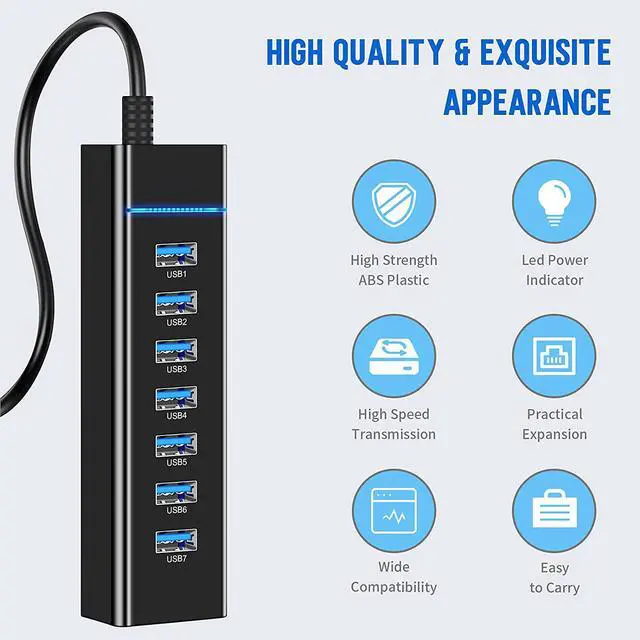 Alt view image 7 of 7 - USB3.0 Hub, 7 Port USB 3.0 Hub LED Portable High-Speed USB Hub Compatible for iMac Pro, MacBook Air, Mac Mini/Pro, Surface Pro, PC and Laptop