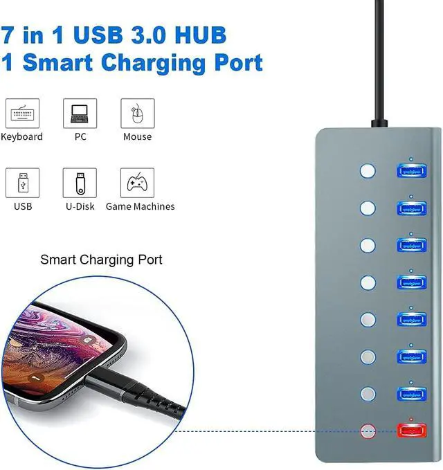 Alt view image 4 of 7 - Powered USB 3.0 Hub, 7-Port USB Hub USB3.0 Powered | 1 Smart Charging Port | Multi USB Port Expander with Individual On/Off Switches and 5V/3A Power Adapter for Laptop,PC,Mac,MacBook Pro,PS4,TV