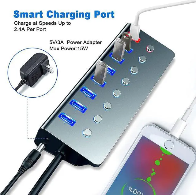 Alt view image 3 of 7 - Powered USB 3.0 Hub, 7-Port USB Hub USB3.0 Powered | 1 Smart Charging Port | Multi USB Port Expander with Individual On/Off Switches and 5V/3A Power Adapter for Laptop,PC,Mac,MacBook Pro,PS4,TV