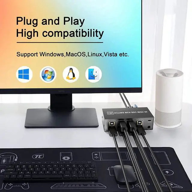 Alt view image 3 of 7 - 4x1 HDMI KVM Switch, HDMI 2.0 Computer USB KVM Switch Supports USB 2.0 Device HDCP 2.2 4K@60Hz for Laptop PC Server DVR PS4 Xbox HDTV With 4 USB Cables 1 Switch Cable 1 Power Cable