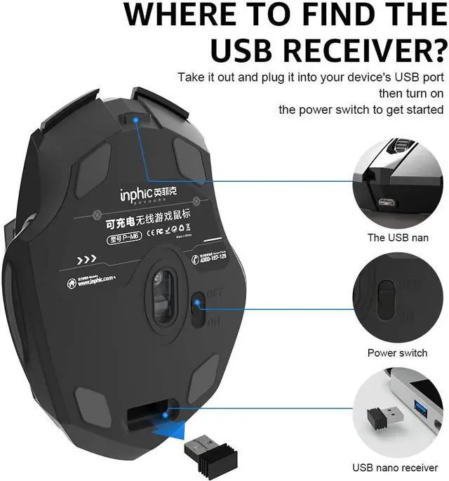 Alt view image 6 of 7 - 2.4G USB Wireless Mouse Rechargeable, Ergonomic Silent Click USB 2.4G Cordless Mouse for Laptop PC Computer Tablets Windows Linux, 6 Buttons, 1600DPI 3 Adjustment Levels