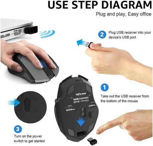 Alt view image 7 of 7 - 2.4G USB Wireless Mouse Rechargeable, Ergonomic Silent Click USB 2.4G Cordless Mouse for Laptop PC Computer Tablets Windows Linux, 6 Buttons, 1600DPI 3 Adjustment Levels