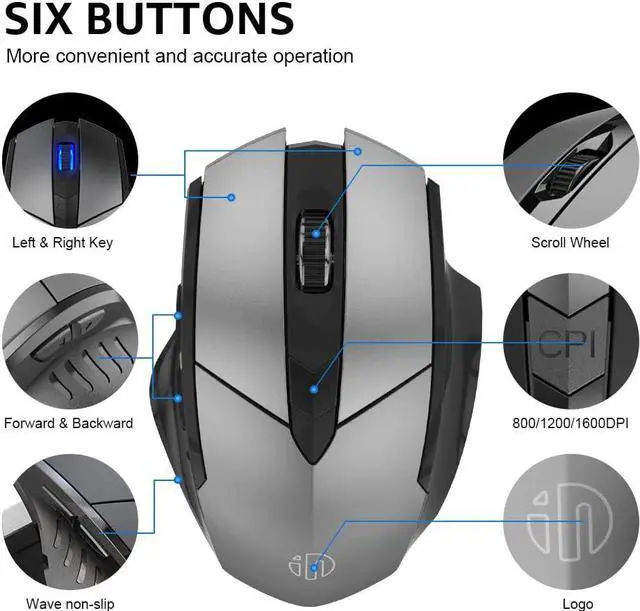 Alt view image 4 of 7 - 2.4G USB Wireless Mouse Rechargeable, Ergonomic Silent Click USB 2.4G Cordless Mouse for Laptop PC Computer Tablets Windows Linux, 6 Buttons, 1600DPI 3 Adjustment Levels