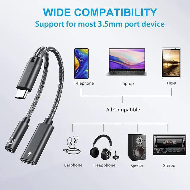 Alt view image 6 of 7 - USB C to 3.5mm Audio and Charger Adapter, Embedded Conexant Chip for Static-Free and HiFi Stereo Sound, 2 in 1 Car Aux Cord, PD 60W Fast Charging Cable, Compatible with Type C Phones, iPad, Tablets