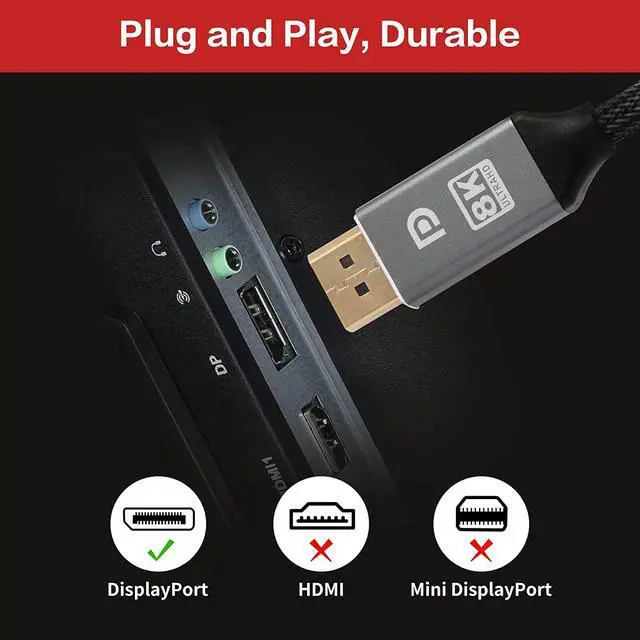 Alt view image 7 of 7 - DisplayPort Cable DP 1.4, Nylon Braided 8K DP Cable (8K @60Hz, 4K @120Hz, 2K, HDR, HBR3, HDCP 2.2) Display Port Cable V1.4 High Speed 32.4Gbps DisplayPort Cord for Laptop PC TV Gaming Monitor (3.3ft)