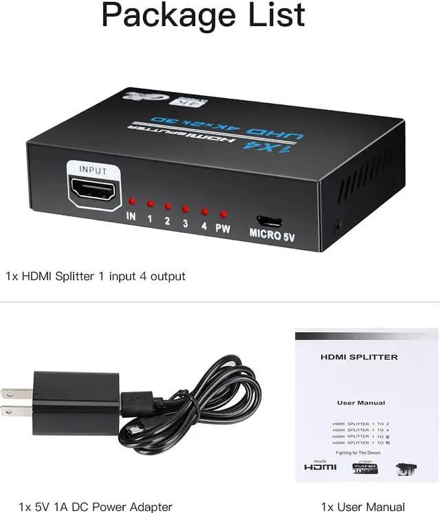 Alt view image 7 of 7 - HDMI Splitter 1 in 4 Out, 1x4 Hdmi Splitter Audio Video Distributor Box with AC Adaptor, Duplicate/Mirror Screen Monitor, Supports 4K x 2K & 3D Resolutions