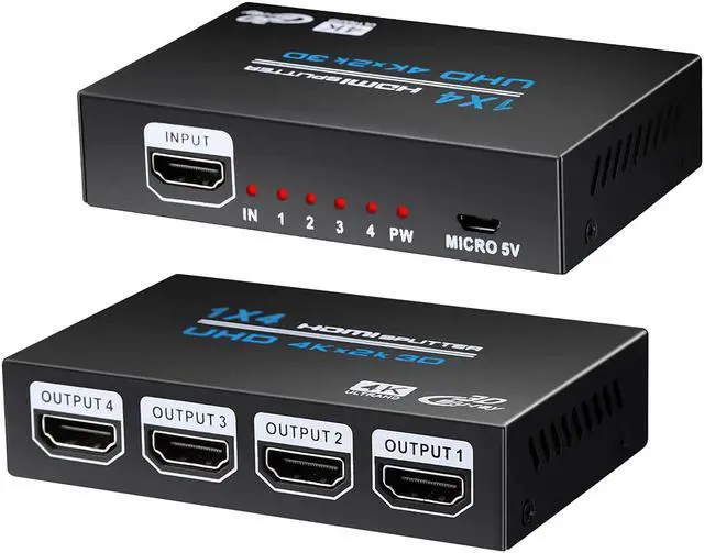 Main image of HDMI Splitter 1 in 4 Out, 1x4 Hdmi Splitter Audio Video Distributor Box with AC Adaptor, Duplicate/Mirror Screen Monitor, Supports 4K x 2K & 3D Resolutions
