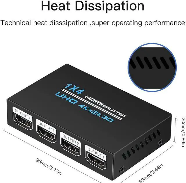 Alt view image 4 of 7 - HDMI Splitter 1 in 4 Out, 1x4 Hdmi Splitter Audio Video Distributor Box with AC Adaptor, Duplicate/Mirror Screen Monitor, Supports 4K x 2K & 3D Resolutions