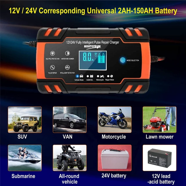 Alt view image 2 of 7 - Car Battery Charger 12V/8A 24V/4A Automatic Smart Battery Charger/Maintainer with LCD Display Pulse Repair Charger Pack for Car, Lawn Mower, Motorcycle, Boat, SUV and More