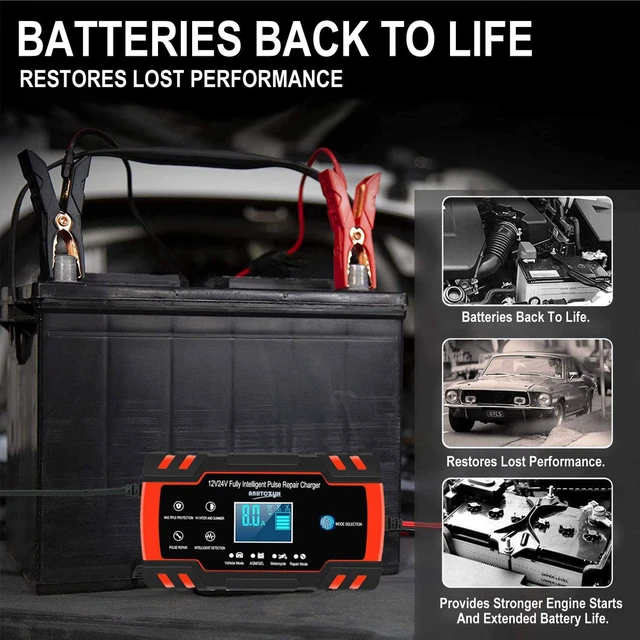 Alt view image 3 of 7 - Car Battery Charger 12V/8A 24V/4A Automatic Smart Battery Charger/Maintainer with LCD Display Pulse Repair Charger Pack for Car, Lawn Mower, Motorcycle, Boat, SUV and More