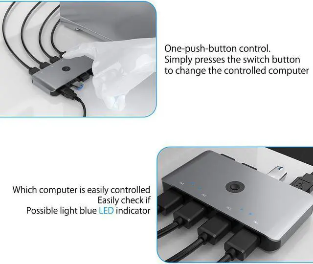 Alt view image 6 of 7 - USB 3.0 Switcher Selector, Aluminum KVM Switcher 4 Computers Sharing 4 USB Devices USB 3.0 Peripheral Switcher Box 4 in 4 Out for Printer,Mouse,Scanner with One-Button Swapping and 4 Pack Male Cable