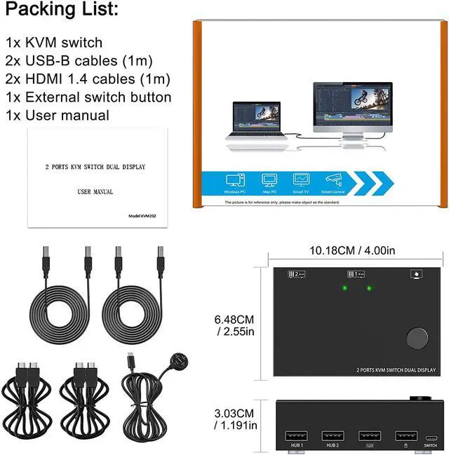 Alt view image 7 of 7 - HDMI KVM Switch 2 Monitors 2 Computers, 4K @30Hz Dual Monitor HDMI USB 2.0 Switcher 2 in 2 Out PC Keyboard Mouse KVM Switcher Support Extended And Copy Display