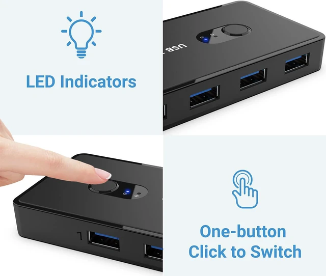 Alt view image 4 of 7 - USB 3.0 Switch Selector KVM Switcher 2 Computers Sharing 4 USB Devices USB Hub Switch for Keyboard Mouse Scanner Printer with One-Button Swapping and 2 Pack USB Male Cable