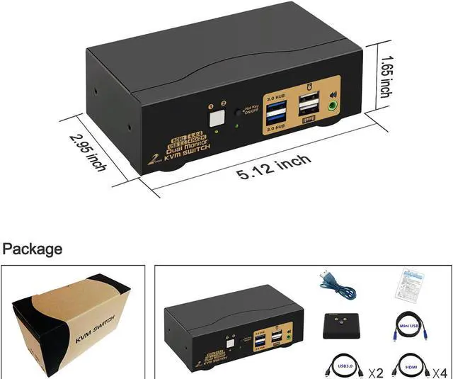 Alt view image 7 of 7 - 2 Port USB 3.0 HDMI KVM Switch, Dual Monitor HDMI 4K @60Hz KVM Switch, Keyboard Video Mouse Peripherals Switcher for 2 Computers 2 Monitors with Audio