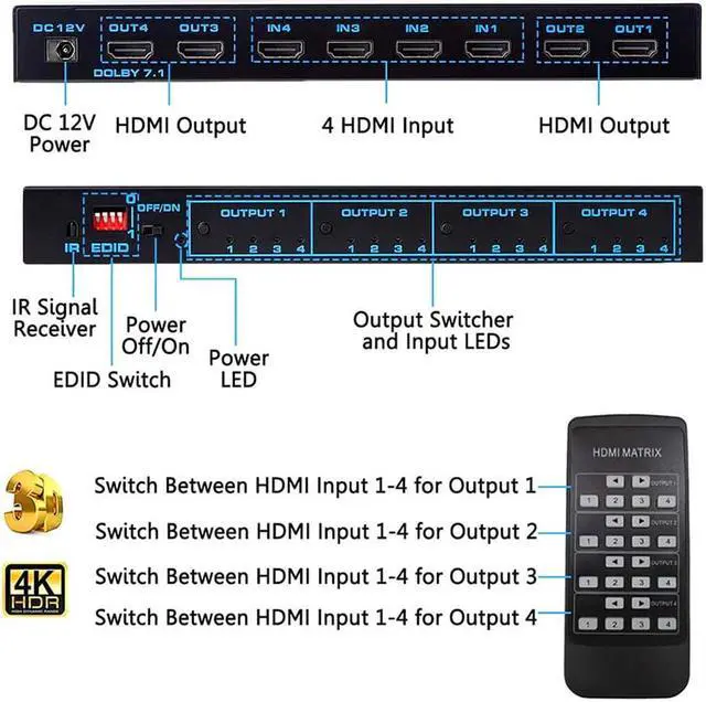 Alt view image 4 of 7 - 4K HDMI Matrix Switch 4x4, HDMI Matrix Switcher Splitter 4 in 4 Out Box with EDID Extractor and IR Remote Control Support 4K HDR, HDMI 2.0b, HDCP 2.2, 4K@60Hz, 3D, YUV 4:4:4