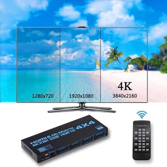 Alt view image 6 of 7 - 4K HDMI Matrix Switch 4x4, HDMI Matrix Switcher Splitter 4 in 4 Out Box with EDID Extractor and IR Remote Control Support 4K HDR, HDMI 2.0b, HDCP 2.2, 4K@60Hz, 3D, YUV 4:4:4