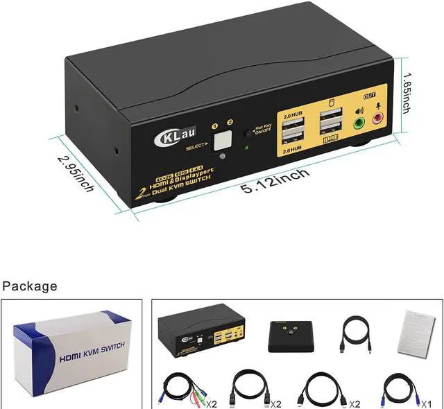 Alt view image 7 of 7 - CKLau Dual Monitors HDMI Displayport KVM Switches 2 Port 4K@60Hz HDMI + Displayport Dual Monitor KVM Switch with Audio, USB 2.0 Hub and Cables Support HDMI 2.0, HDCP 2.2, HDR 10