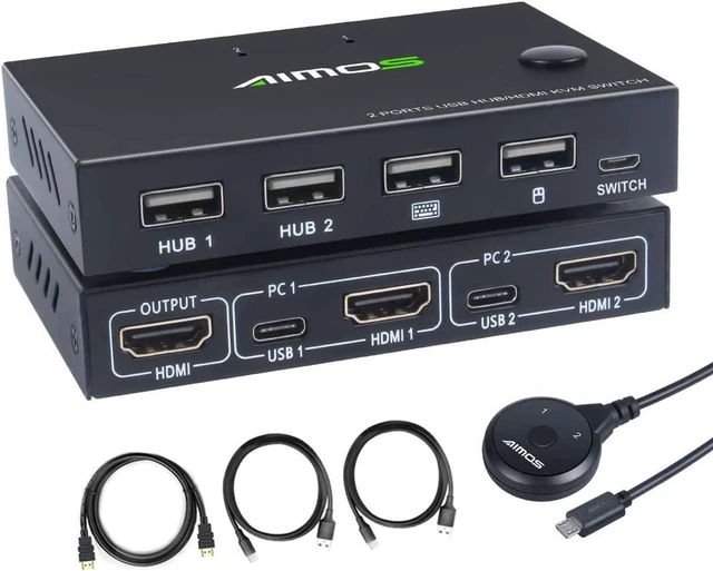Main image of 2 Port HDMI KVM Switch, USB Switch 4K HDMI Switcher Box, 2 In 1 Out HDMI KVM Switch For 2 Computers Share Keyboard And Mouse Support 4K @30Hz, Not support Hotkey, With HUB Ports