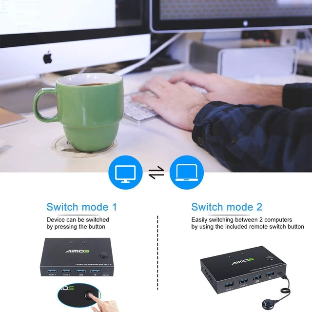 Alt view image 4 of 7 - 2 Port HDMI KVM Switch, USB Switch 4K HDMI Switcher Box, 2 In 1 Out HDMI KVM Switch For 2 Computers Share Keyboard And Mouse Support 4K @30Hz, Not support Hotkey, With HUB Ports
