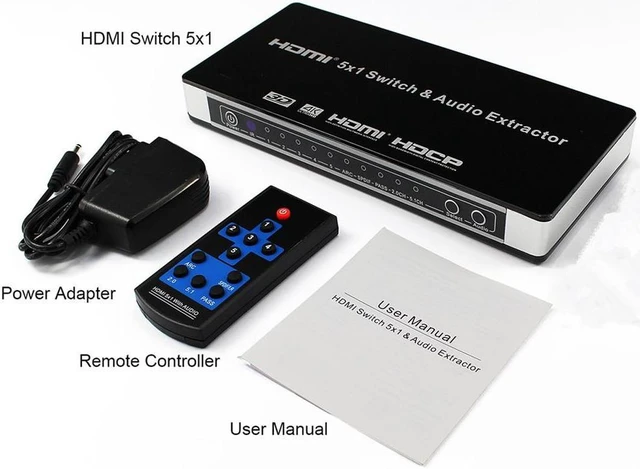 Alt view image 7 of 7 - 5 Port 4K @30Hz HDMI Switch HDMI Switcher, 5 Port 5x1 HDMI Switcher Splitter Box HDMI 1.4 Audio Extractor Supports 1080P Ultra HD 4K Full HD 3D ARC with Remote