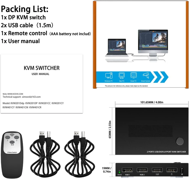 Alt view image 7 of 7 - DP KVM Switch Displayport 2 Port 4K @60Hz, DP 1.4 and USB Switcher for 2 Computers Sharing One HD Monitor and 4 USB Devices Keyboard Mouse Printer, with Romote Control and Cables