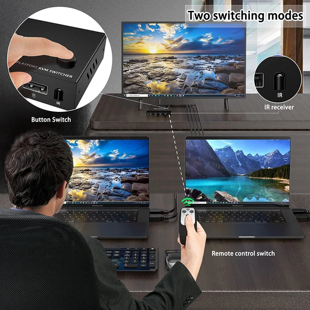 Alt view image 4 of 7 - DP KVM Switch Displayport 2 Port 4K @60Hz, DP 1.4 and USB Switcher for 2 Computers Sharing One HD Monitor and 4 USB Devices Keyboard Mouse Printer, with Romote Control and Cables