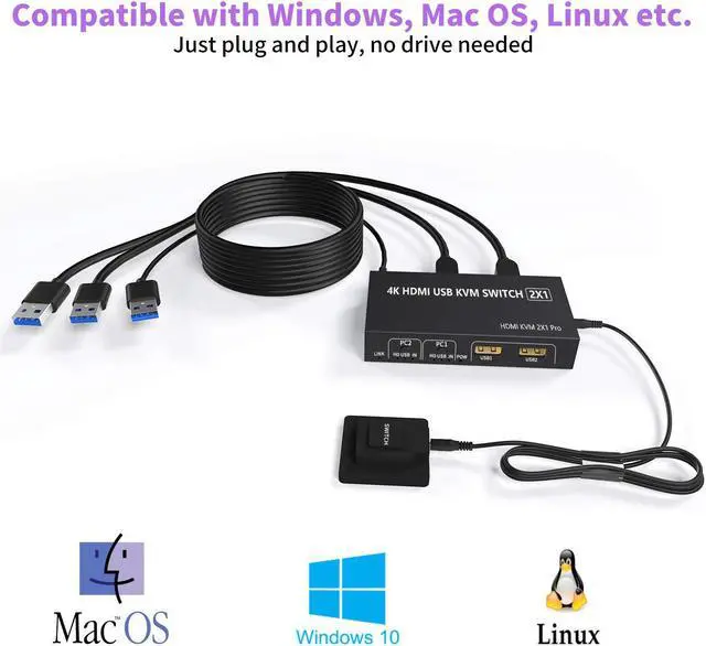 Alt view image 4 of 7 - 2 Port HDMI KVM Switch, 2 in 1 USB HDMI Switch Sharing Keyboard Mouse Printer Monitor, Camera Support 4K@30Hz for PC,Laptop,Xbox,HDTV, with 2x USB Cable, 1x Switch Controller,1 x 5V DC Power Cable