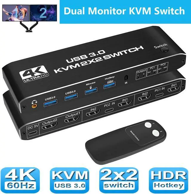 Main image of 2x2 HDMI USB 3.0 KVM Switch 4K @60Hz, 2 Port Dual Monitor HDMI KVM USB 3.0 Switch 2 in 2 Out with Audio, 2x2 Mixed Display for 2 Computers Share 2 Monitors with USB 3.0 port, Support Hotkey