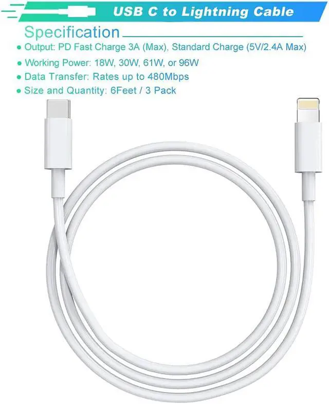 Alt view image 7 of 7 - USB C to Lightning Cable 3Pack 6FT, for iPhone Fast Charger Cable USB-C Power Delivery Charging Cord for i-Phone 14/13/12/12 PRO Max/12 Mini/11/11PRO/XS/Max/XR/X/8/8Plus/i-Pad, White