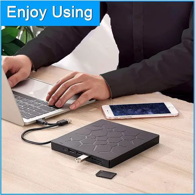 Alt view image 7 of 7 - [ 7 in 1 ] External CD DVD Drive, USB 3.0 & Type-C Portable CD/DVD +/-RW ROM DVD Burner Rewriter with SD TF Slot & 4 USB Ports, Slim Optical DVD Player for Laptop Desktop PC Windows Linux Mac OS