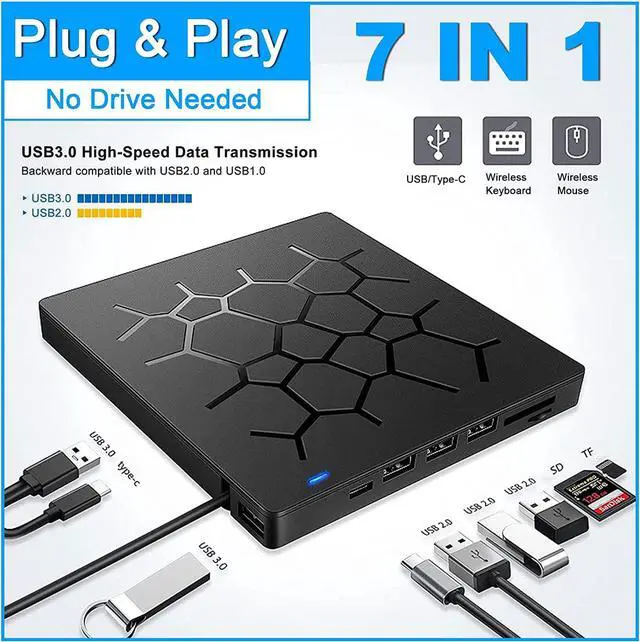 Alt view image 3 of 7 - [ 7 in 1 ] External CD DVD Drive, USB 3.0 & Type-C Portable CD/DVD +/-RW ROM DVD Burner Rewriter with SD TF Slot & 4 USB Ports, Slim Optical DVD Player for Laptop Desktop PC Windows Linux Mac OS
