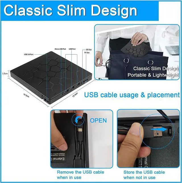 Alt view image 5 of 7 - [ 7 in 1 ] External CD DVD Drive, USB 3.0 & Type-C Portable CD/DVD +/-RW ROM DVD Burner Rewriter with SD TF Slot & 4 USB Ports, Slim Optical DVD Player for Laptop Desktop PC Windows Linux Mac OS