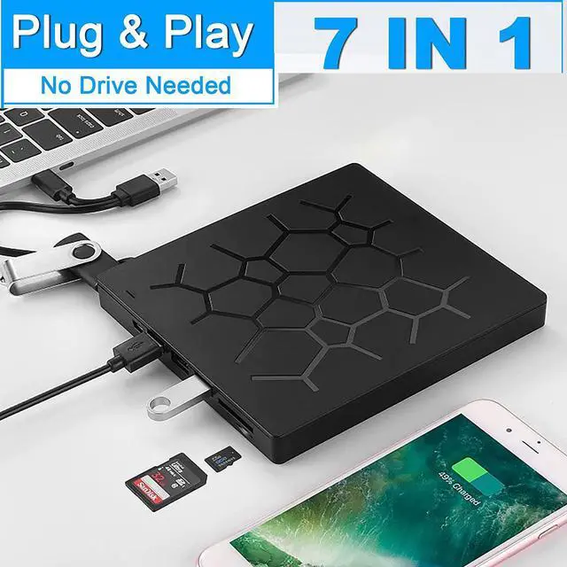 Main image of [ 7 in 1 ] External CD DVD Drive, USB 3.0 & Type-C Portable CD/DVD +/-RW ROM DVD Burner Rewriter with SD TF Slot & 4 USB Ports, Slim Optical DVD Player for Laptop Desktop PC Windows Linux Mac OS