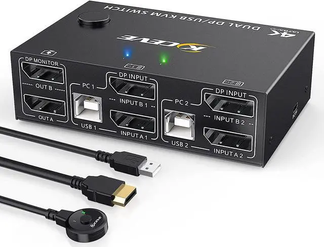 Main image of 2 Port Dual Monitor Displayport KVM Switch, 8K @30Hz 4K @144Hz, DP Extended Display Port KVM Switch 2 in 2 Out  for 2 Computers Share 2 Monitors and 4 USB 2.0 Ports, Wired Remote and 4 Cables Included