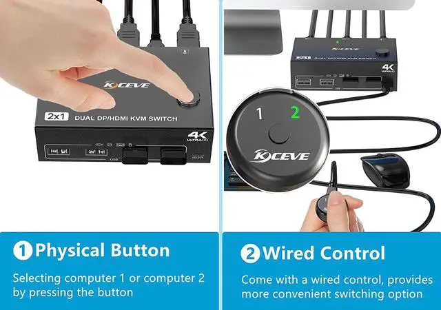 Alt view image 3 of 7 - 2 Port Dual Monitor KVM Switch HDMI+DisplayPort 4K @60Hz, 2K @120Hz HDMI DP Extended Display Switcher for 2 PC Share 2 monitors and 4 USB 2.0 ports, Wired remote and 4 cables included