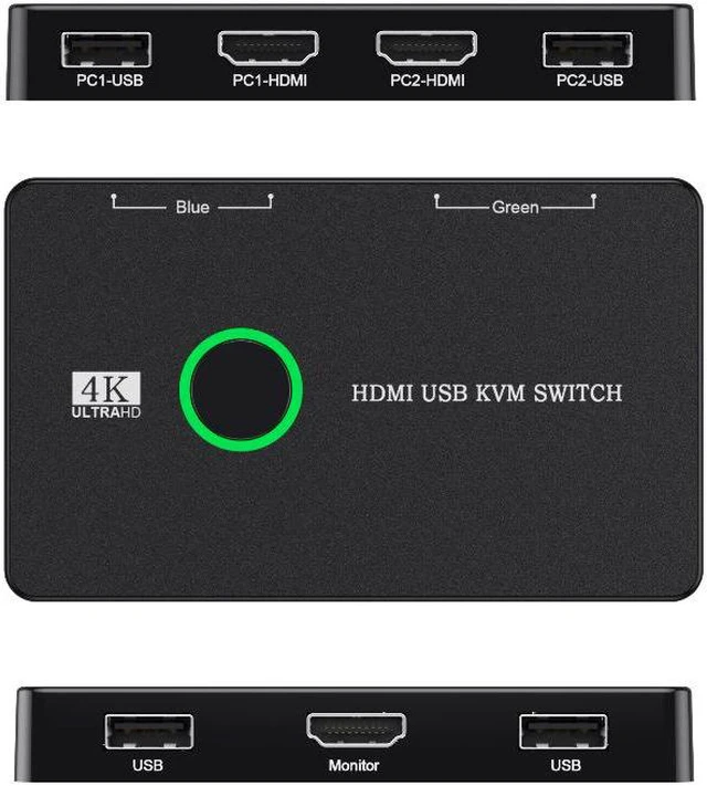 Alt view image 7 of 7 - 2 Port HDMI KVM Switch, USB HDMI-Compatible KVM Switches for 2 Computers Sharing Mouse Keyboard Printer to One HD Monitor, Supports 4K @60 Hz, 2 HD-MI Cables and 2 USB Cables Included
