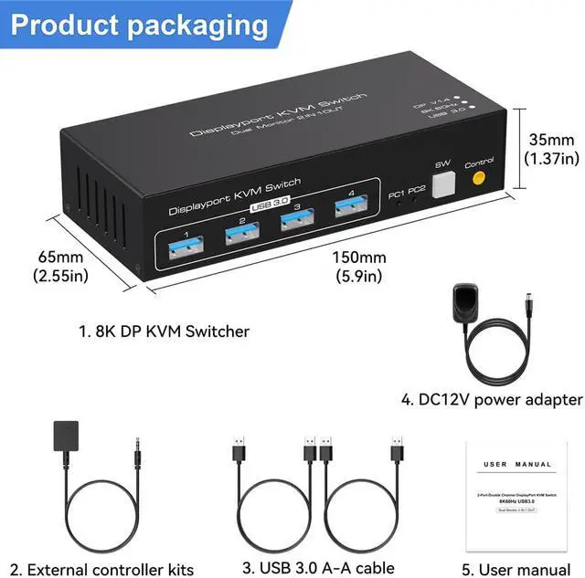 Alt view image 7 of 7 - Dual Monitor DisplayPort KVM Switch 2 in 2 Out, 2 Port Displayport 1.4 KVM Switch for 2 Computers 2 Monitors Share Keyboard Mouse Printer Support 8K@60Hz with 4 Port USB 3.0 Support Desktop Control