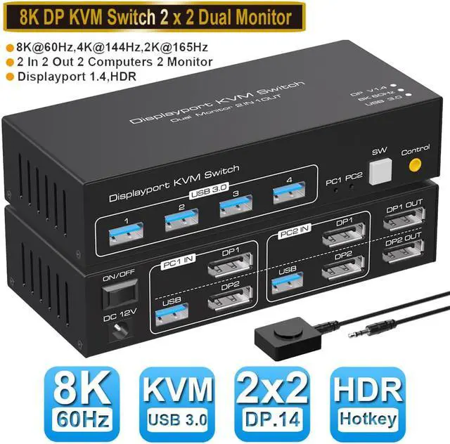 Main image of Dual Monitor DisplayPort KVM Switch 2 in 2 Out, 2 Port Displayport 1.4 KVM Switch for 2 Computers 2 Monitors Share Keyboard Mouse Printer Support 8K@60Hz with 4 Port USB 3.0 Support Desktop Control
