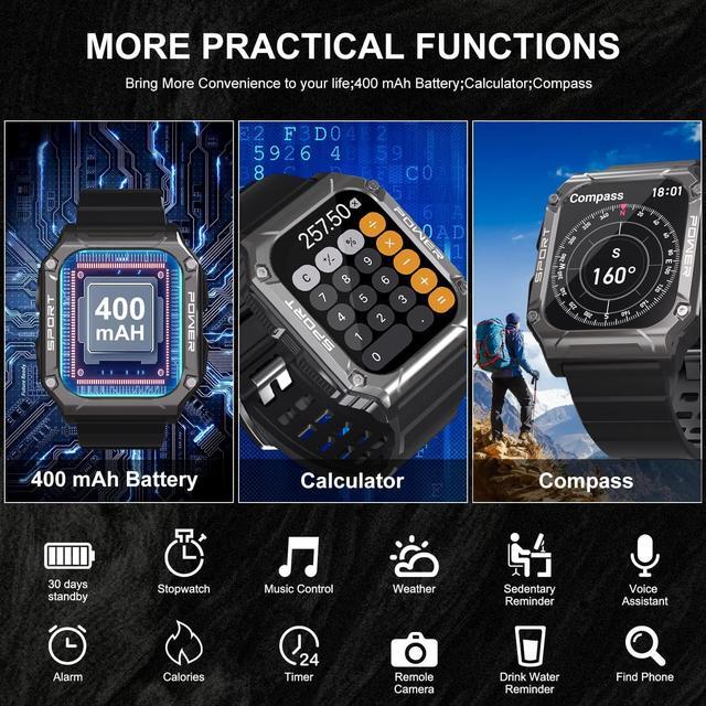 Alt view image 7 of 7 - Military Smart Watch, 1.95''HD Waterproof Smart Watches for Men with Bluetooth Call (Answer/Dial Calls), 133 Sports Modes Rugged Outdoor Tactical Fitness Tracker Smart Watch for iPhone Android
