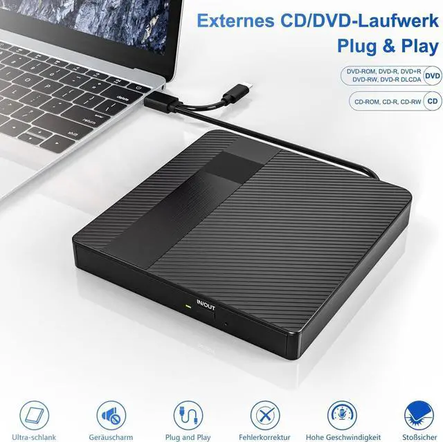 Alt view image 4 of 7 - External CD DVD Drive, USB 3.0 Type-C DVD Drive External CD/DVD+/-RW Burner, Ultra Slim Portable CD ROM Reader and Rewriter for Laptop, MacBook, Desktop, Windows 11/10/8/7/XP Linux OS