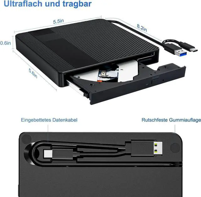 Alt view image 5 of 7 - External CD DVD Drive, USB 3.0 Type-C DVD Drive External CD/DVD+/-RW Burner, Ultra Slim Portable CD ROM Reader and Rewriter for Laptop, MacBook, Desktop, Windows 11/10/8/7/XP Linux OS