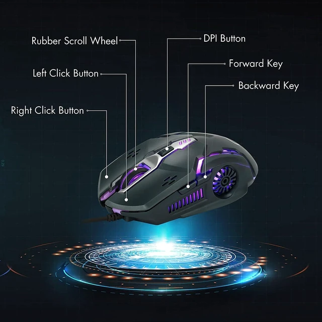 Alt view image 5 of 7 - Gaming Mouse, USB Wired Mouse, Mouse for Laptops, 3200 DPI LED Backlight 6 Buttons, 7 Color Breathing Lights with 1.5M Cable Gaming Mice for Gamers, Silent Click, Plug and Play (Black)