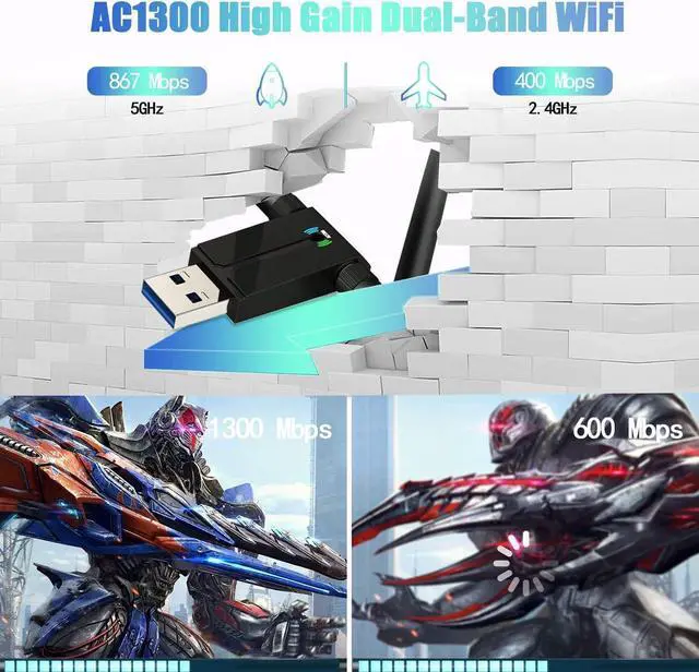 Alt view image 2 of 7 - 1300Mbps WiFi Adapter for Desktop PC, 2×5dBi Antenna USB Wireless Adapter, USB 3.0 WiFi Dongle, 2.4/5GHz USB Network Adapter, AC1300 Wireless Adapter for WIN 10/8/8.1/7/XP/Vista, Linux, Mac OS