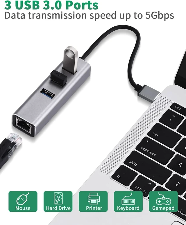 Alt view image 3 of 7 - 3 Ports USB 3.0 Hub with Ethernet Adapter, 4 in 1 Multiport USB Hub with Gigabit Ethernet 1000Mbps RJ45 LAN Network Adapter and 3 x USB 3.0 Ports, Support Laptop PC Windows Linux MacOS and More