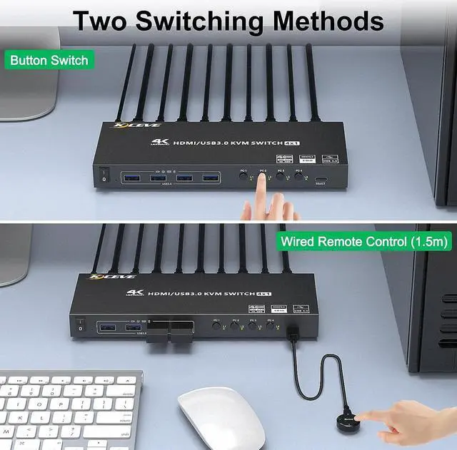 Alt view image 4 of 7 - 4 Port USB 3.0 HDMI KVM Switch Support 4K@60Hz 2K@120Hz RGB 4:4:4 Simulation EDID, HDMI Switch 4 in 1 Out with 4 USB 3.0 Port for Keyboard Mouse Printer,with Controller, USB3.0 Cables and HD-MI Cables