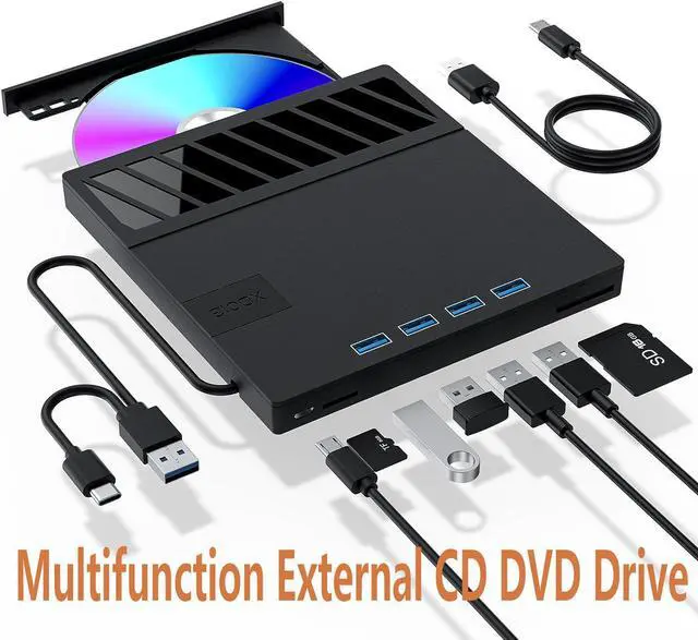 Main image of External CD/DVD Drive for Laptop, 7 in 1 USB 3.0 & Type C Ultra-Slim Portable CD/DVD Player Burner, with 4 USB 3.0 Hub and SD TF Slot, CD ROM External DVD Player for Windows 11/10/8/7 Linux, MacOS