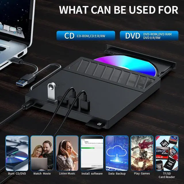 Alt view image 3 of 7 - External CD/DVD Drive for Laptop, 7 in 1 USB 3.0 & Type C Ultra-Slim Portable CD/DVD Player Burner, with 4 USB 3.0 Hub and SD TF Slot, CD ROM External DVD Player for Windows 11/10/8/7 Linux, MacOS