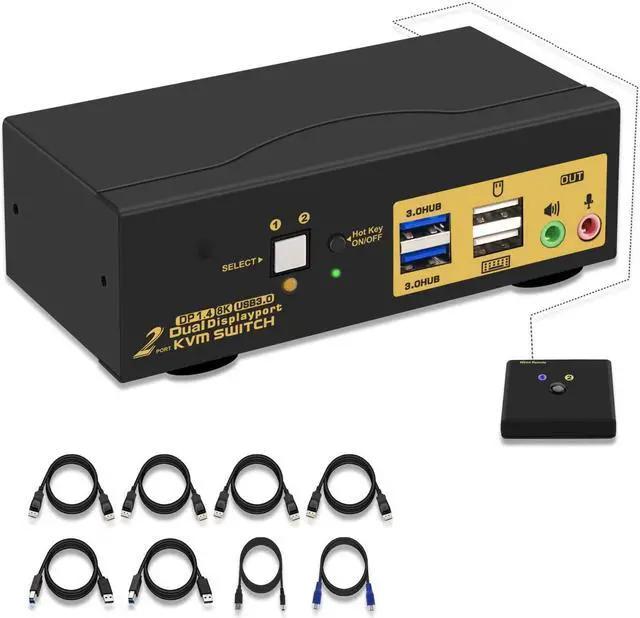 Alt view image 2 of 7 - 2 Port DP USB 3.0 Dual Monitor Displayport KVM Switch,  DP 1.4 8K@30Hz 4K@144Hz Extended Display, DP KVM Switch 2 Computers 2 Monitors with Audio Microphone Output, with Cables and Wired Controller