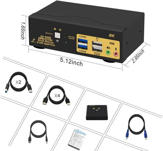 Alt view image 7 of 7 - 2 Port USB 3.0 HDMI KVM Switch for 2 Computer 2 Monitors, Dual Monitor HDMI KVM Switch 2 in 2 Out 8K@60Hz with Audio Output 2 USB 3.0 Hubs and Cables Supports HDMI 2.1, HDCP, HDR and Support Hotkey