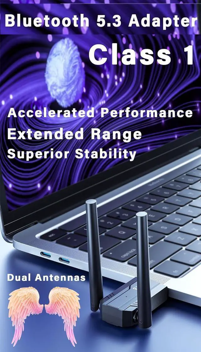 Alt view image 2 of 7 - 492FT/150M Ultra Long Range Bluetooth 5.3 Pro USB Adapter with Dual Antennas for PC Windows 11/10/8.1/7, Plug and Play for Windows 11/10, BT5.3+ EDR for PC,Laptop,Keyboard,Mouse,Headsets,Speakers